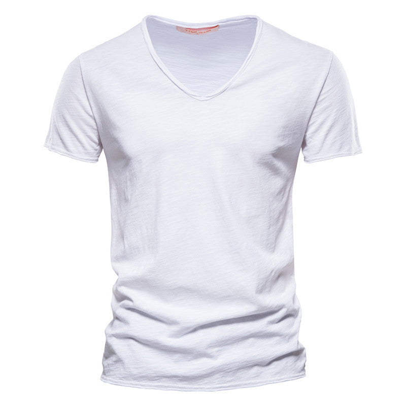 Tee-shirt col V uni en coton flammé