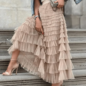 Jupe longue en tulle à taille élastique à plusieurs niveaux